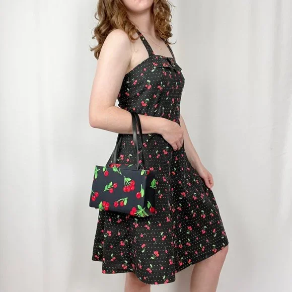 Vintage USA Pin-Up Novelty Cherry Print A-Line Fit & Flare Midi Fun Summer Dress - Picture 2 of 7